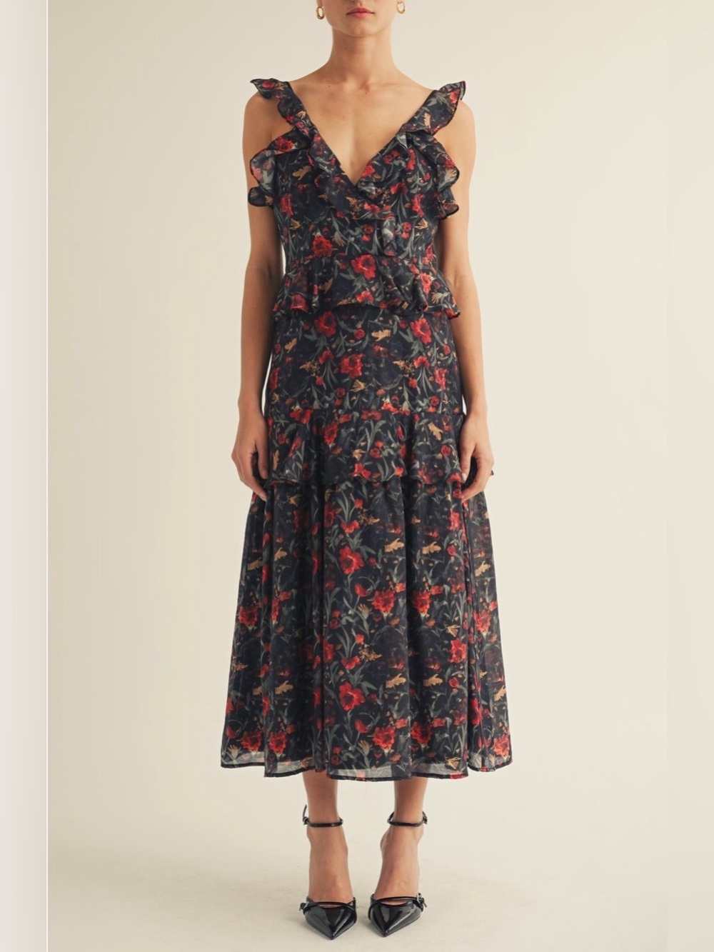NWT Arose Studio Floral Ruffle V-Neck Midi Dress in Navy and Red